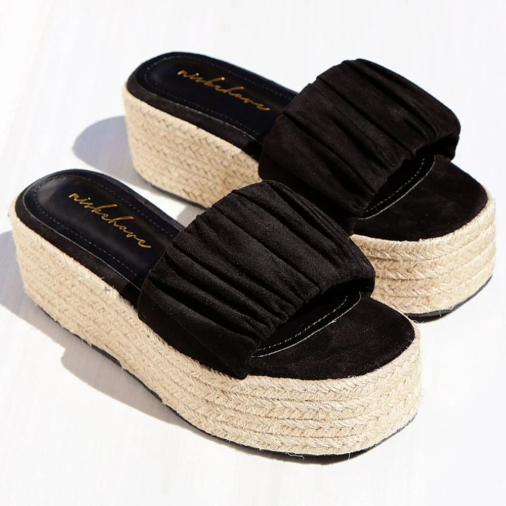 NEW Black Ruched Faux Suede Espadrille Slip On Slides Wedge Platform Sandal Shoe